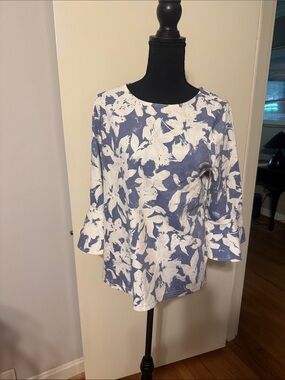 Chico's Blue and White Floral Bell-Sleeve Tunic